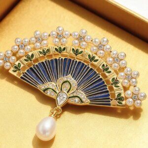 Regal Vintage Style Enamel Fan Brooch Freshwater Pearl Dangle Pin
